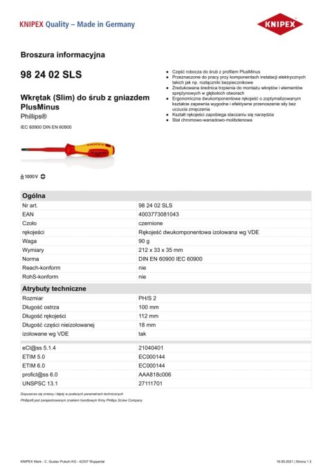 WKRĘTAK PHILLIPS SLIM Z IZOLACJĄ 100 MM PH2 WKRĘTAK PHILLIPS SLIM Z IZOLACJĄ 100 MM PH2